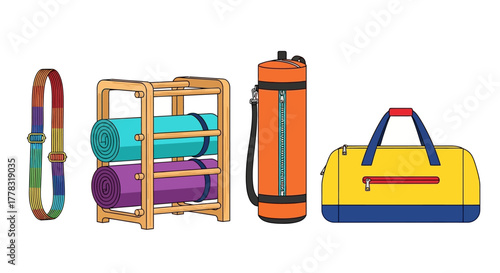Colorful illustration of yoga gear and bags on a