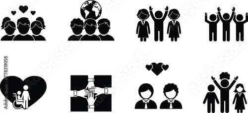 Diverse people icons, teamwork, unity, inclusivity, love, care, global connection, collaboration, 