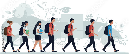 Group of Diverse Students Walking Together with Backpacks and Books