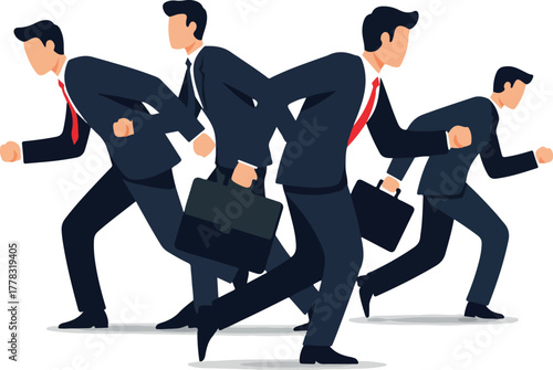 Group of businessmen in blue suits running white background