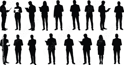 Vector business people icons, black silhouette professionals reading documents, office teamwork symbols, corporate study pictograms, workplace productivity illustration, modern collaboration figures