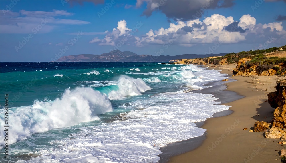Fototapeta premium Waves crash on sandy shore, blue sea under sunny sky
