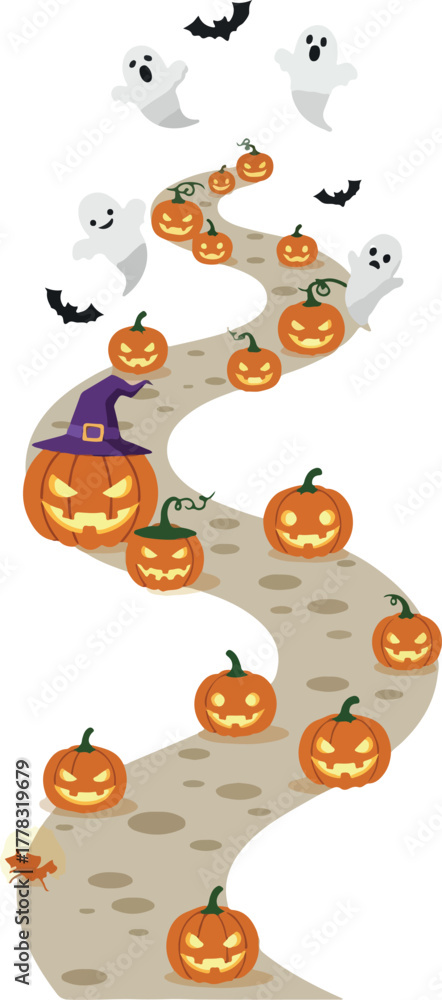 Fototapeta premium Halloween Path With Pumpkins Ghosts And Bats