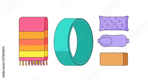 Colorful illustration of yoga mat, towel, water