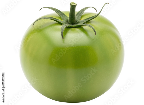 Fresh vibrant green tomato with stem, ripe for cooking or eating, healthy vegetable.