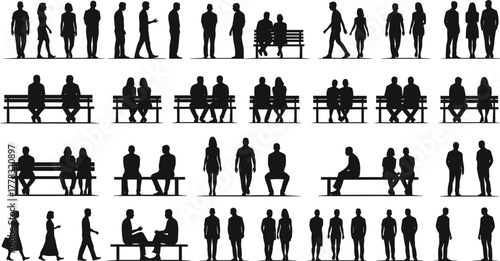 Vector public space silhouettes, black people icons, walking and sitting figures, park bench illustration, social interaction symbols, urban lifestyle and community design