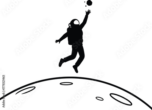 Astronaut jumping on moon with ball