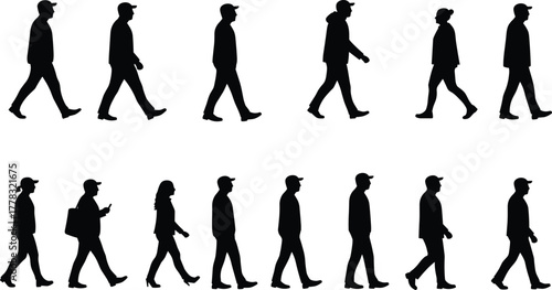 Walking silhouette icon set, diverse people in motion, black vector figures with accessories, casual attire and posture variations, minimal human movement design