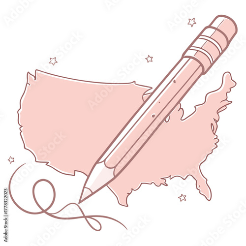Pencil Drawing Outline of United States Map with Stars and Swirls vector illustration