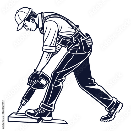 Construction Worker Operating a Jackhammer in Silhouette Style demolition builder