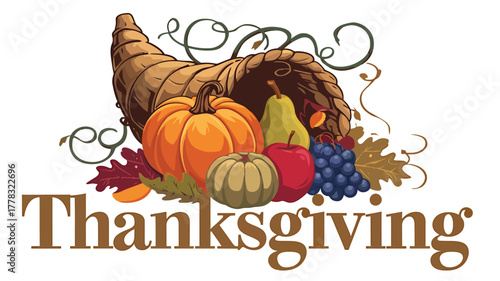 Vector art of thanksgiving cornucopia overflowing with pumpkins, gourds, apples, grapes, and autumn leaves