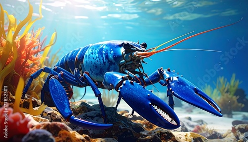 Fototapeta Naklejka Na Ścianę i Meble -  Vibrant blue lobster in coral reef