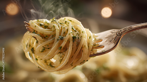 Delicious Pesto Pasta Twirled on a Fork, Showcasing Fresh Basil, Garlic, and Olive Oil Ingredients in Italian Cuisine