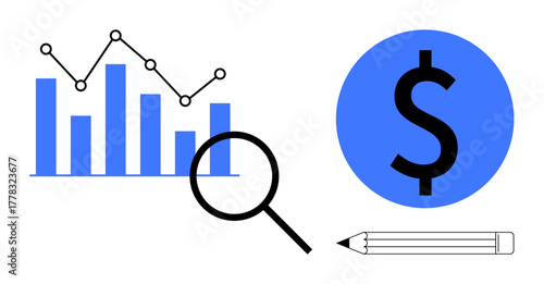 Bar graph and line chart highlighting data trends with magnifying glass, dollar sign, and pencil symbolizing financial analysis. Ideal for finance, research, strategy, planning, growth, economy