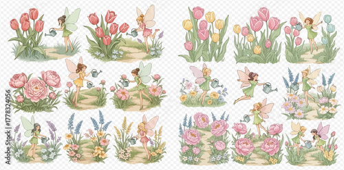 Whimsical watercolor illustrations of cute fairies tending to colorful flowers in enchanting garden scenes.