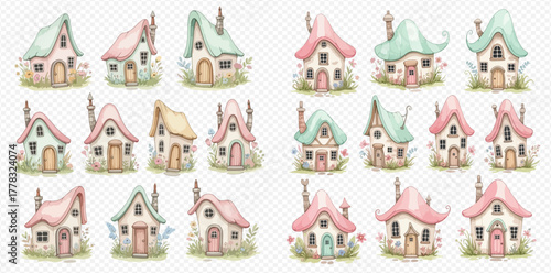 Collection of whimsical watercolor fairy tale houses with pastel roofs and charming details.