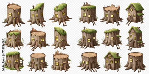 Collection of whimsical tree stump houses with glowing windows and mossy roofs, fantasy village elements.