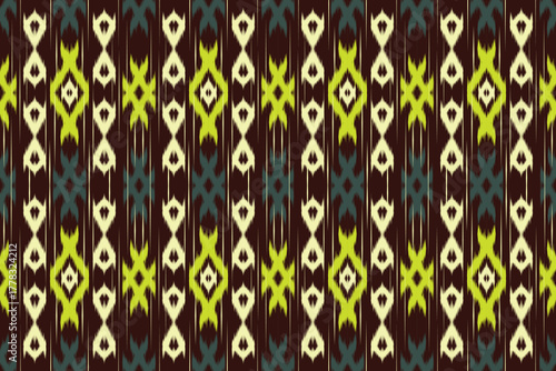 Vibrant Neon Ikat Seamless Pattern, Modern Ethnic Geometric Vector, High Contrast Tribal Textile with Lime Green and Teal on Dark Brown Background.