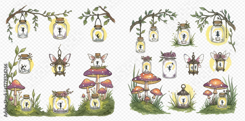 Whimsical watercolor illustrations of fireflies in jars and lanterns, surrounded by magical mushrooms and leafy branches.