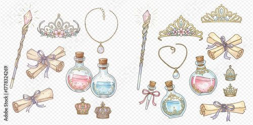 Watercolor illustration set of magical princess accessories including wands, tiaras, necklaces, scrolls, and potion bottles.