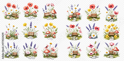 Charming watercolor illustrations of whimsical garden scenes featuring various flowers, tiny benches, and cute mushrooms on stepping stone paths.