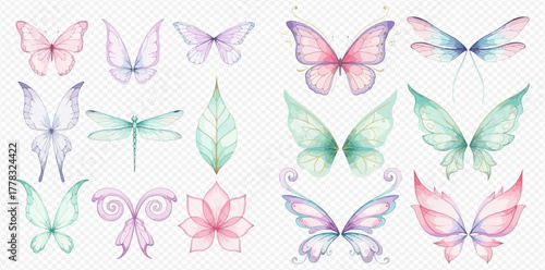 Watercolor fantasy wings, butterflies, dragonflies, and nature elements collection on transparent background.