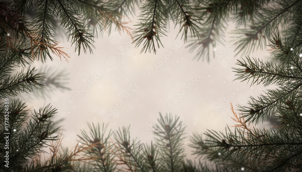 Obraz premium Winter holiday background with a frame of pine branches and soft bokeh lights﻿