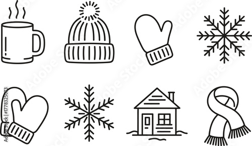 Winter Icons: Hot Drink, Hat, Mittens, Snowflakes, House, Scarf