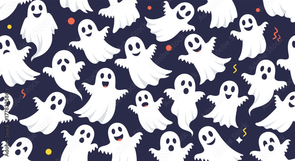 Fototapeta premium A cute and spooky Halloween seamless pattern featuring various happy, sad, and mischievous cartoon ghosts on a dark blue background.