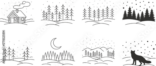 Minimalist Winter Scenes: Cabin, Forest, Fox, and Moon