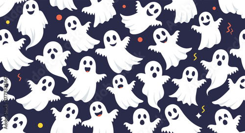 A cute and spooky Halloween seamless pattern featuring various happy, sad, and mischievous cartoon ghosts on a dark blue background.