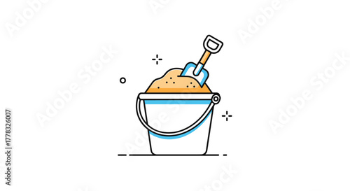 A cheerful illustration depicting a white and blue sand bucket filled with orange sand, complete with a small blue shovel, ready for beach play.