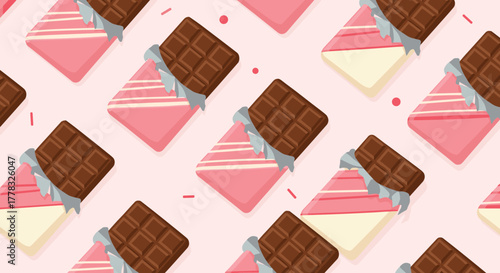A delightful seamless pattern featuring various chocolate bars, including pink and bicolored options, with scattered sprinkles on a soft pink background.