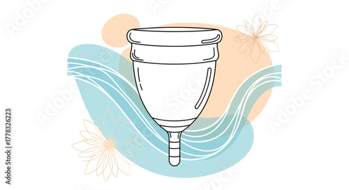 Minimalist line art drawing of a menstrual cup against a soft abstract background with peach and teal shapes and delicate floral outlines.