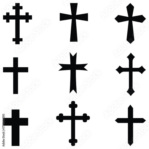 Christian Cross Icon Set in Various Styles – Grunge, Outline, and Flat Black Religious Symbol Collection on White Background, Vector Illustration