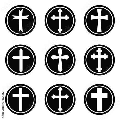 Christian Cross Icon Set in Various Styles – Grunge, Outline, and Flat Black Religious Symbol Collection on White Background, Vector Illustration