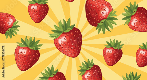 A vibrant seamless pattern of ripe red strawberries on a bright yellow background with radiating sunburst rays, perfect for summer and healthy fruit themes.