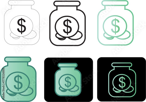 Minimalist icon set of a savings jar with a dollar sign for financial growth, investment, and economy concepts in different styles