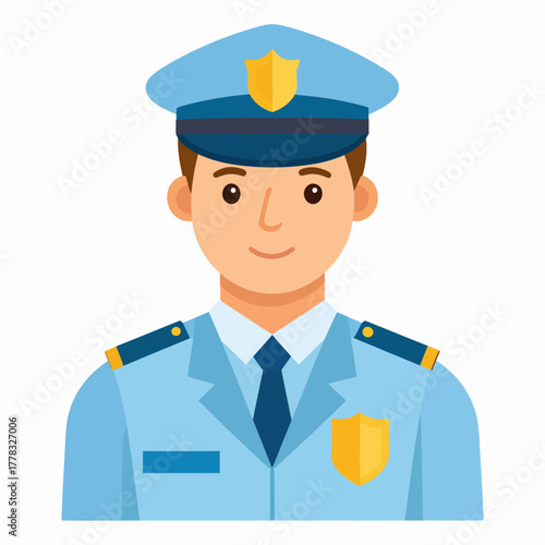 Portrait of a smiling police officer in uniform, looking directly at the viewer.