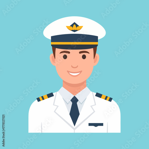 Smiling pilot in uniform, wearing hat and epaulettes, against a light blue background.