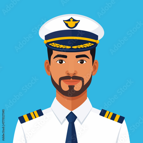 Portrait of a smiling captain, wearing a white hat and uniform, against a blue background.