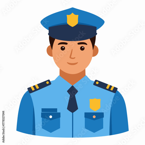 A smiling cartoon illustration of a police officer in uniform, facing forward.