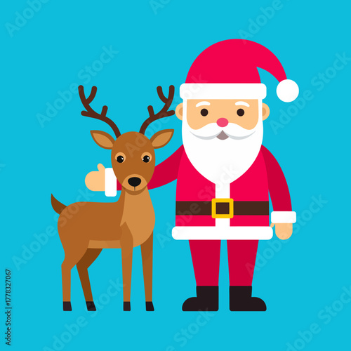 Cartoon depiction of Santa Claus standing beside a reindeer, smiling, and posing.