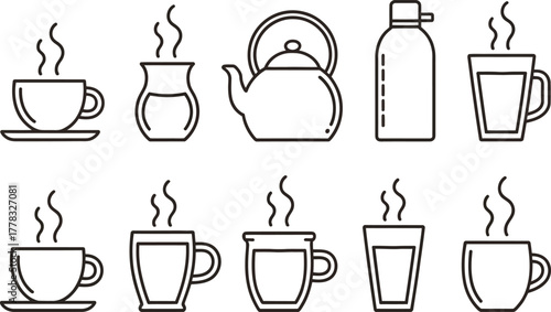 Collection of Hot Beverage Icons: Cups, Kettles, and Steam