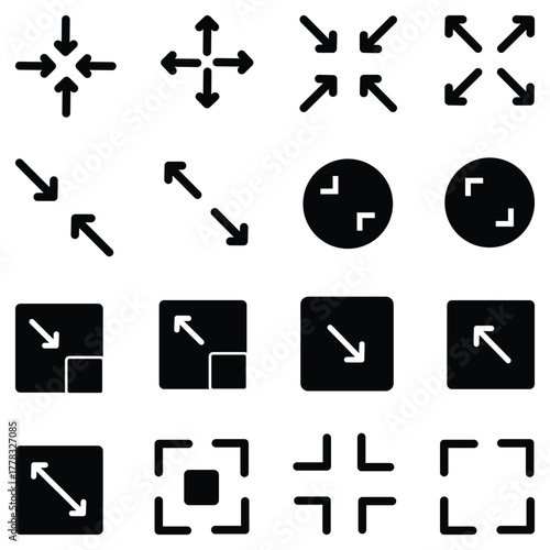 Black Arrow & Corner Bracket Icon Set – Expand, Collapse, Fullscreen, and Direction Symbols for Web, App, and UI Design