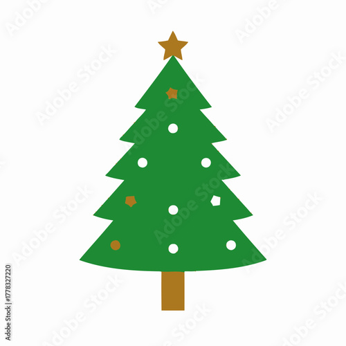 A stylized green Christmas tree decorated with ornaments and topped with a golden star.
