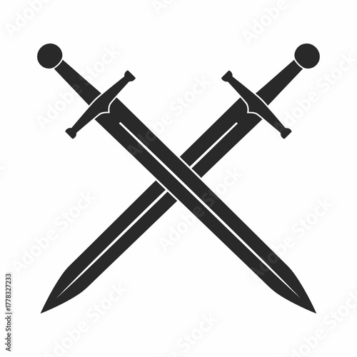 Two crossed swords, depicted in a simple, solid black silhouette, showing blades.