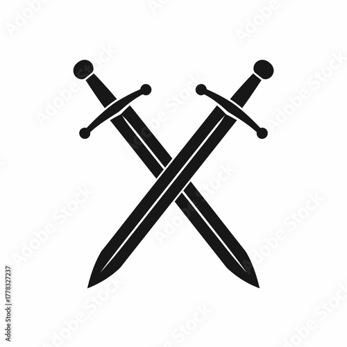 Two crossed swords, depicted in black and white, symbolizing conflict or valor.