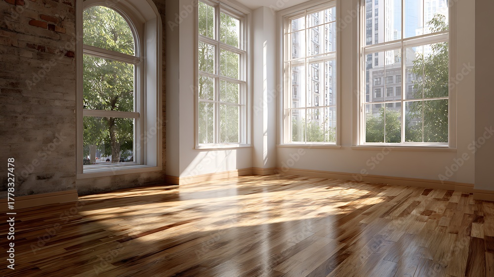 Obraz premium Bright Empty Room with Hardwood Floors and Large Windows Overlooking City