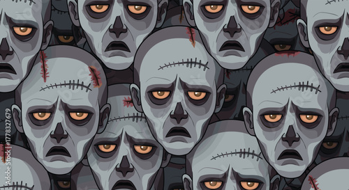 A haunting arrangement of decaying zombie faces, each with mournful eyes and stitched wounds, creating a ghoulish and endless horror pattern.